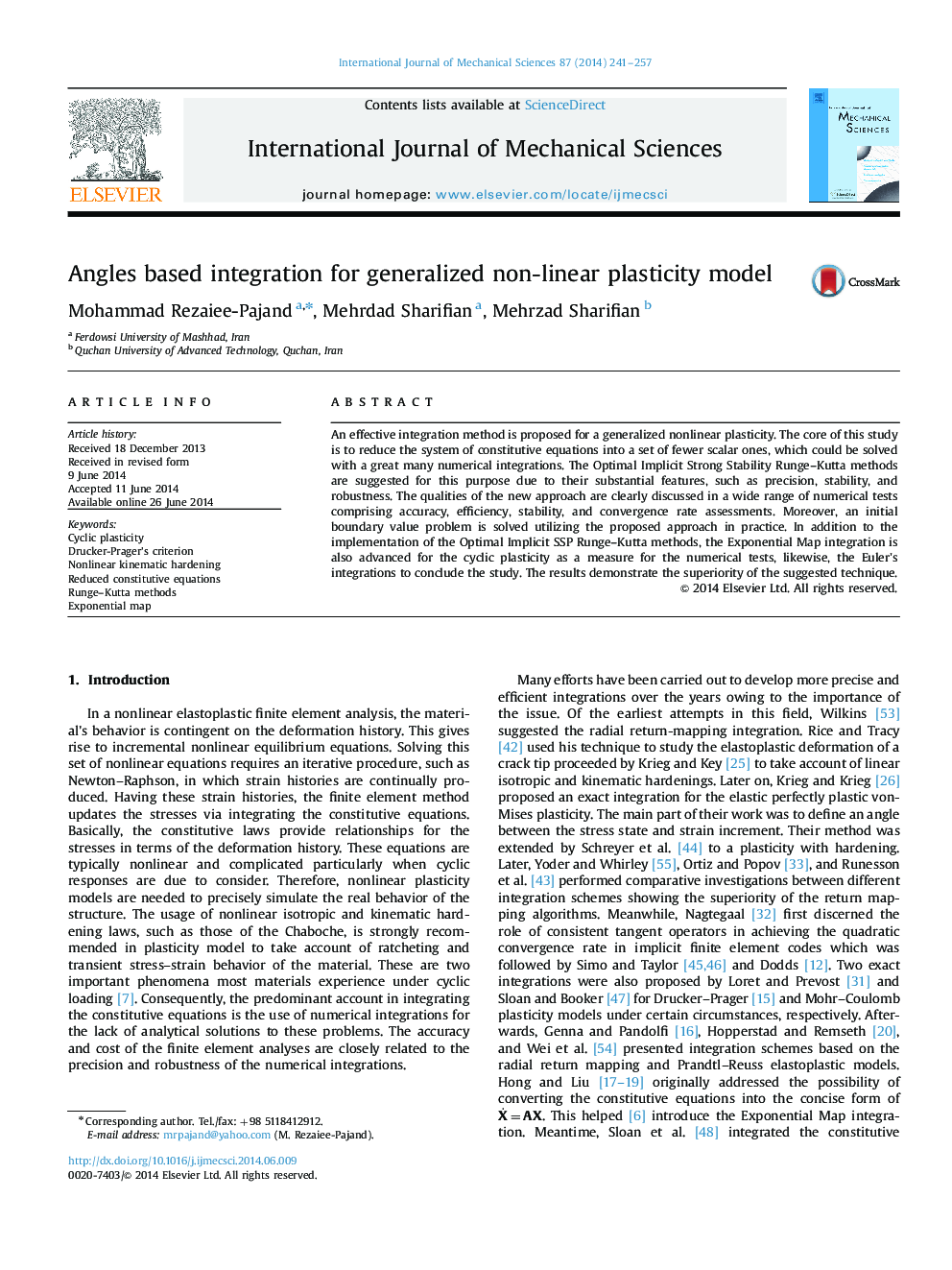 Angles based integration for generalized non-linear plasticity model