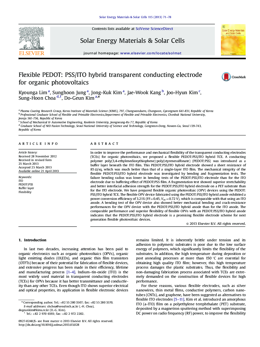 Flexible PEDOT: PSS/ITO hybrid transparent conducting electrode for organic photovoltaics