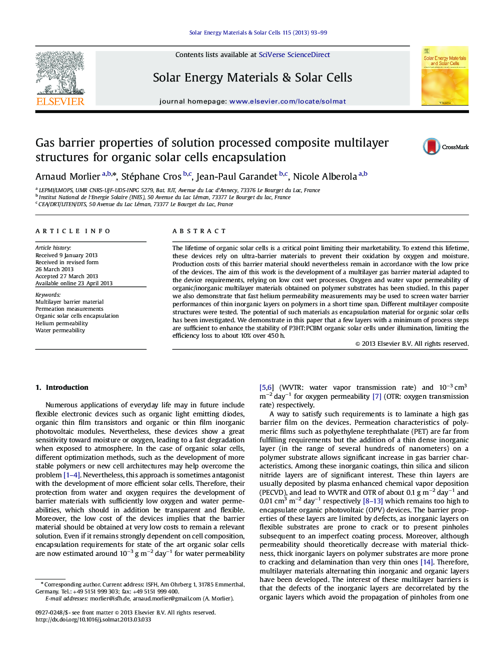 Gas barrier properties of solution processed composite multilayer structures for organic solar cells encapsulation