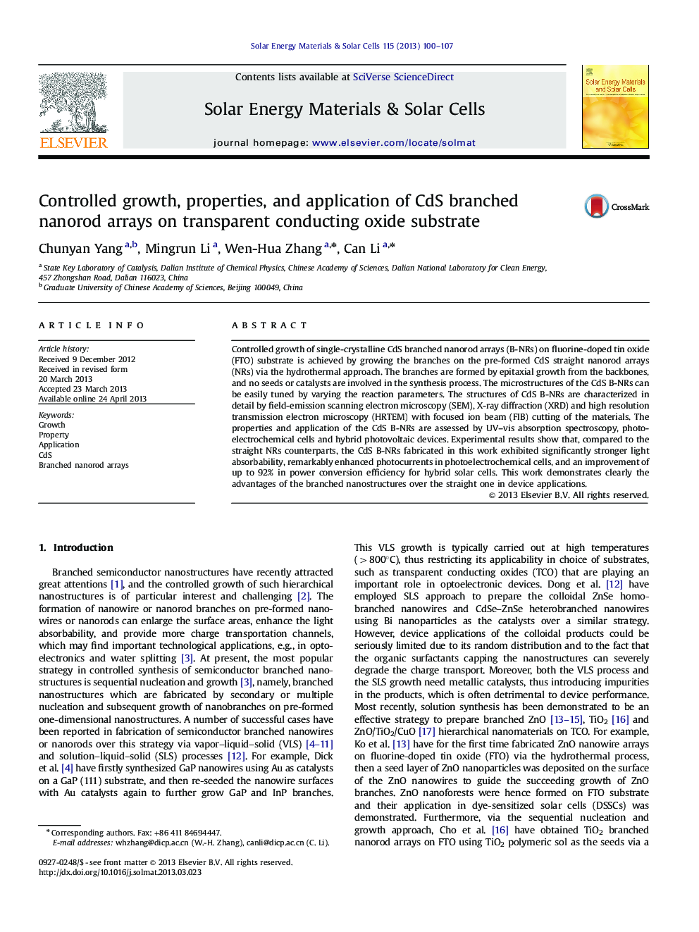 Controlled growth, properties, and application of CdS branched nanorod arrays on transparent conducting oxide substrate