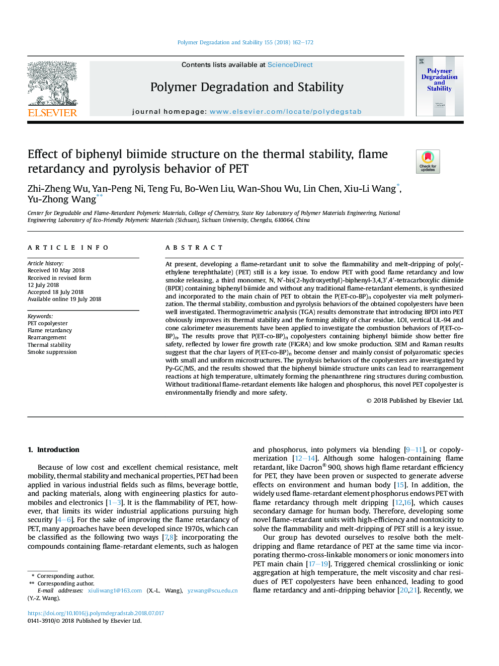 Effect of biphenyl biimide structure on the thermal stability, flame retardancy and pyrolysis behavior of PET