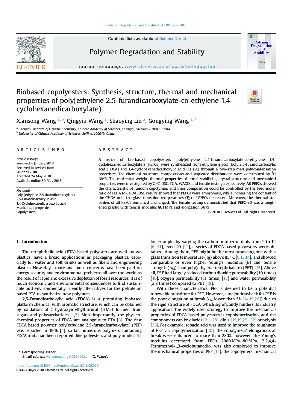 Biobased copolyesters: Synthesis, structure, thermal and mechanical properties of poly(ethylene 2,5-furandicarboxylate-co-ethylene 1,4-cyclohexanedicarboxylate)