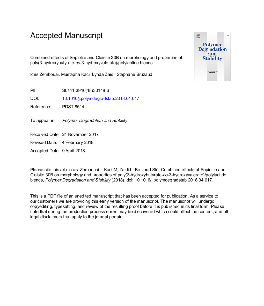 Combined effects of Sepiolite and Cloisite 30B on morphology and properties of poly(3-hydroxybutyrate-co-3-hydroxyvalerate)/polylactide blends