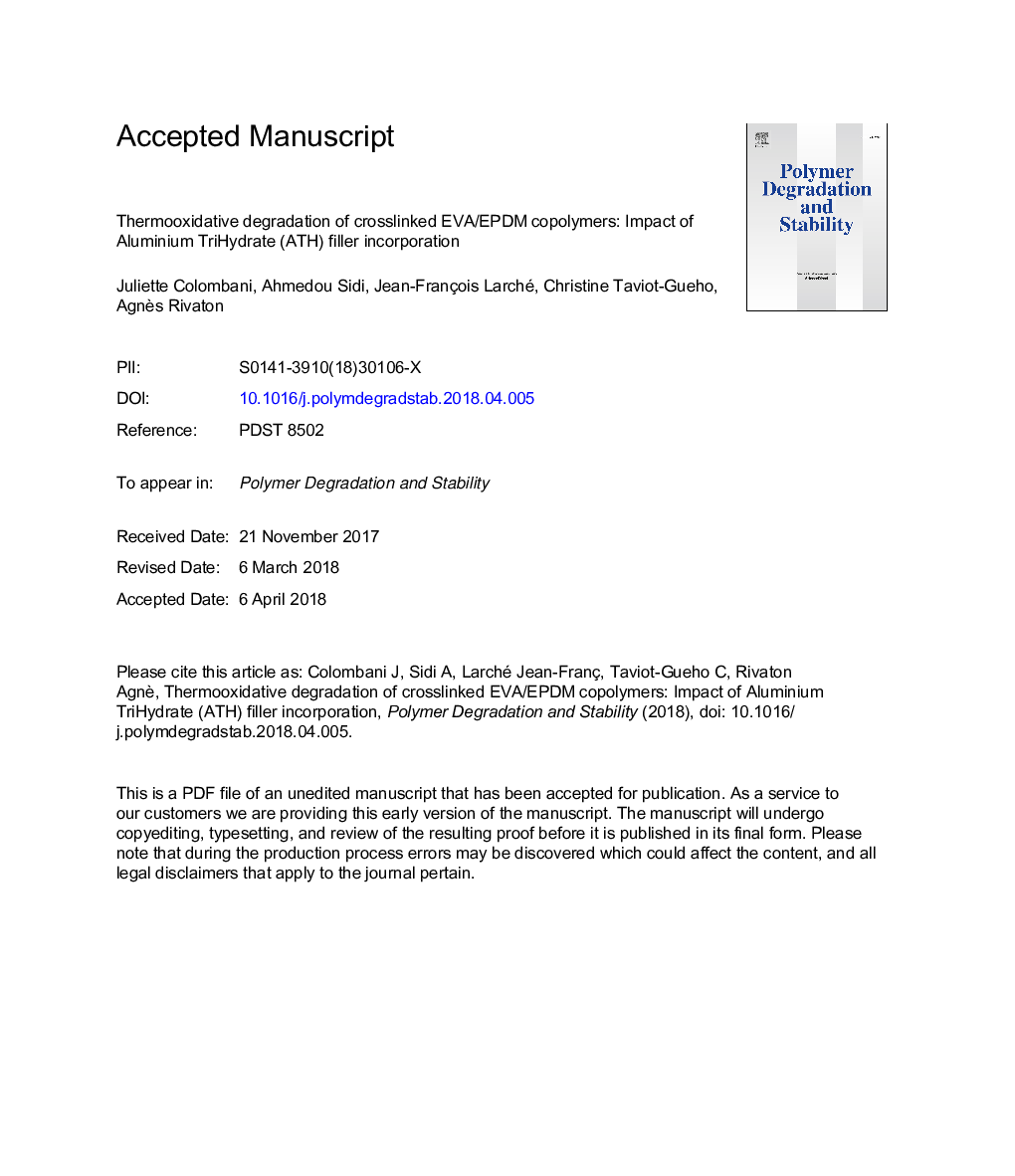 Thermooxidative degradation of crosslinked EVA/EPDM copolymers: Impact of Aluminium TriHydrate (ATH) filler incorporation