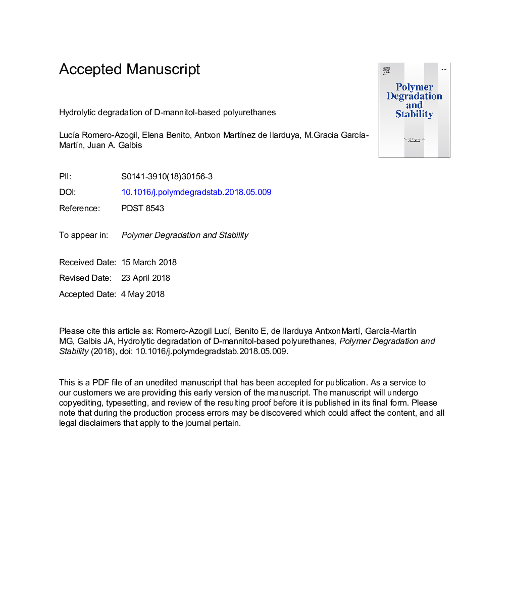 عکس صفحه اول مقاله: Hydrolytic degradation of d-mannitol-based polyurethanes Hydrolytic degradation of d-mannitol-based polyurethanes