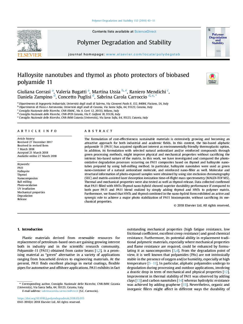 Halloysite nanotubes and thymol as photo protectors of biobased polyamide 11