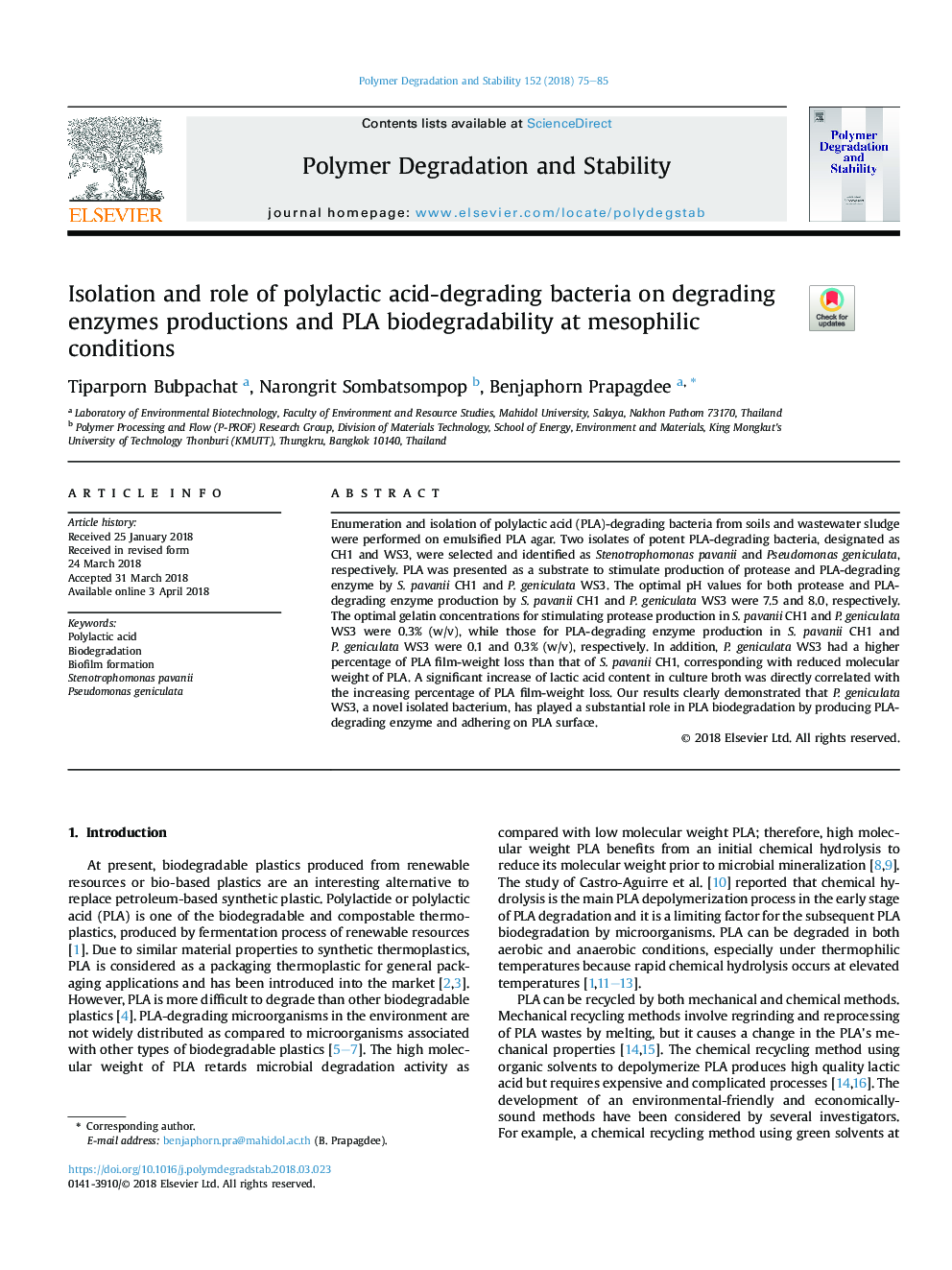 Isolation and role of polylactic acid-degrading bacteria on degrading enzymes productions and PLA biodegradability at mesophilic conditions