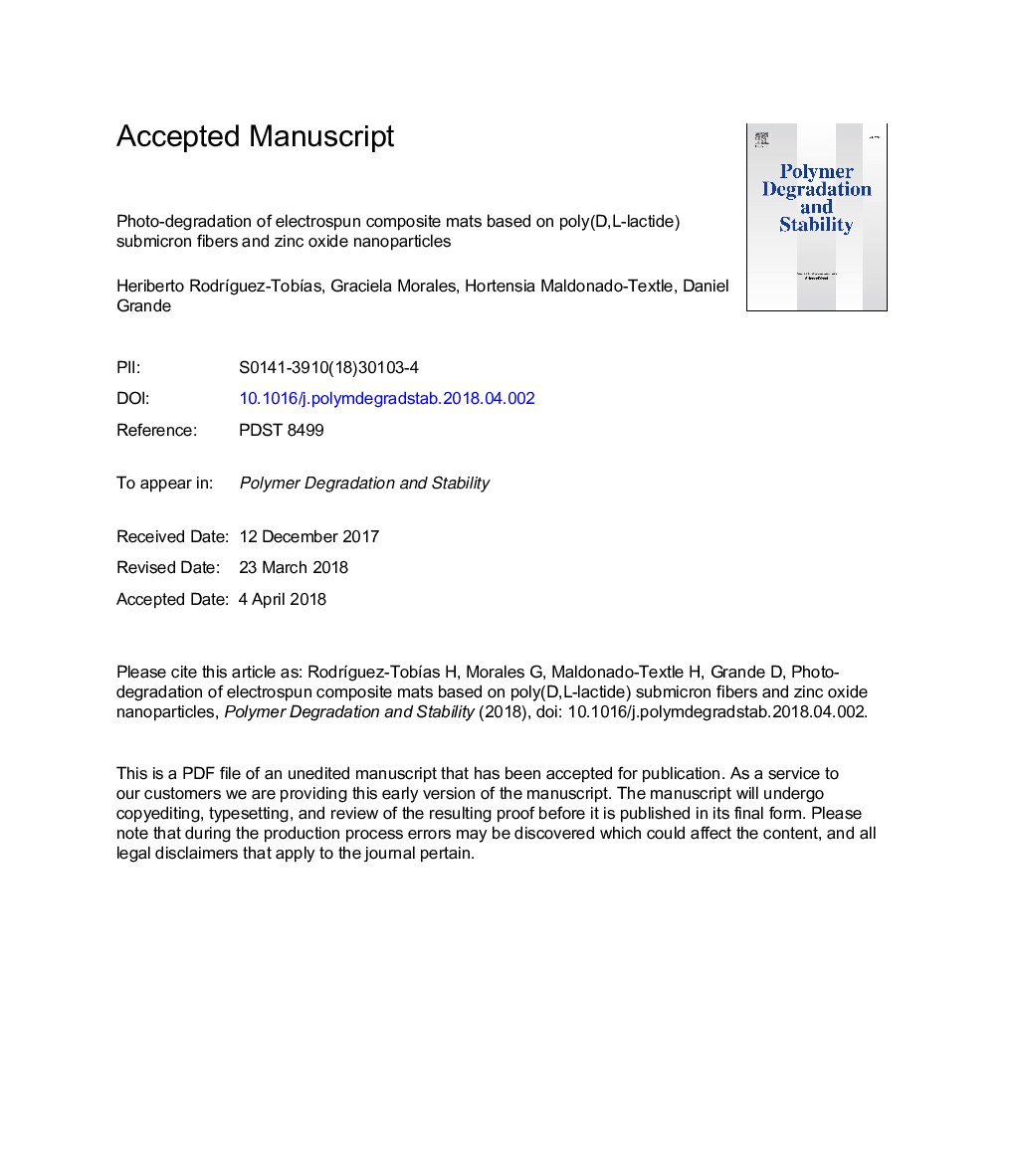 Photo-degradation of electrospun composite mats based on poly(D,L-lactide) submicron fibers and zinc oxide nanoparticles