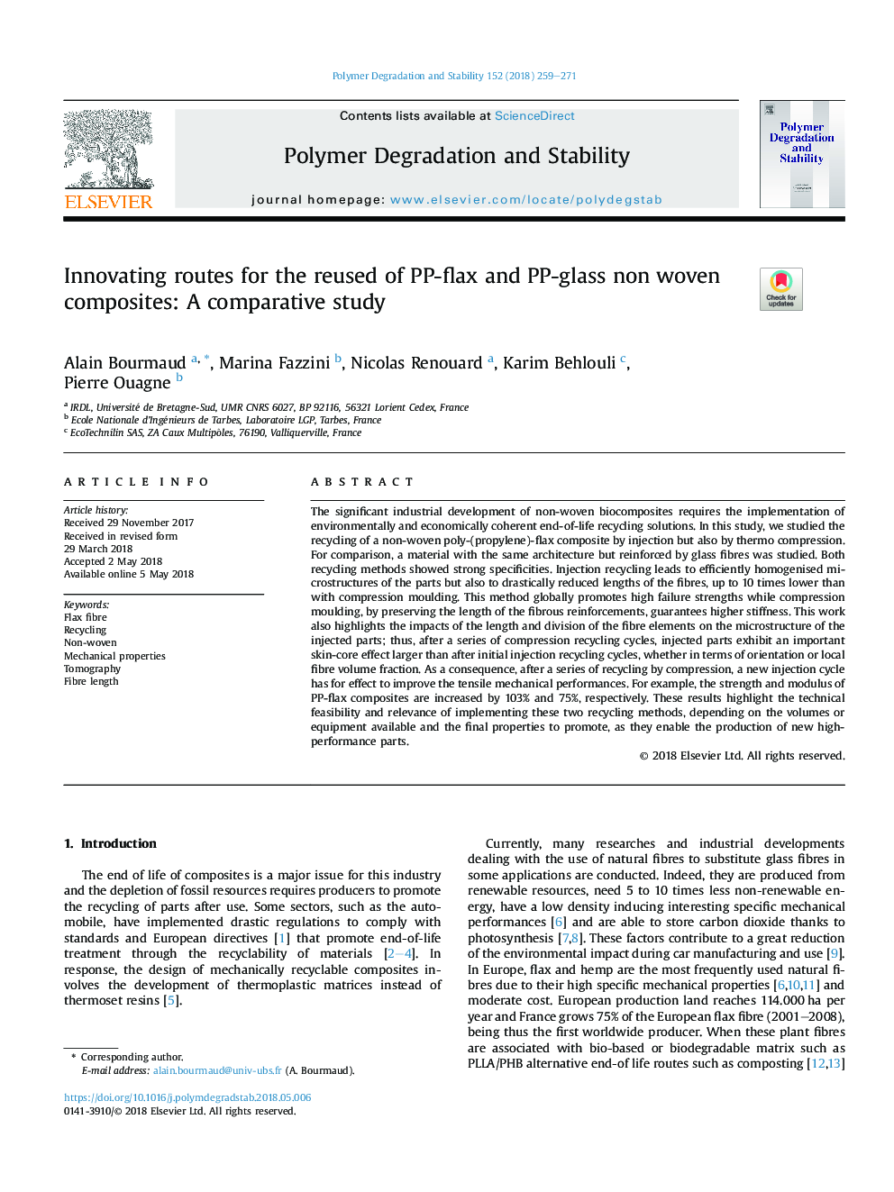 Innovating routes for the reused of PP-flax and PP-glass non woven composites: A comparative studyâ¨