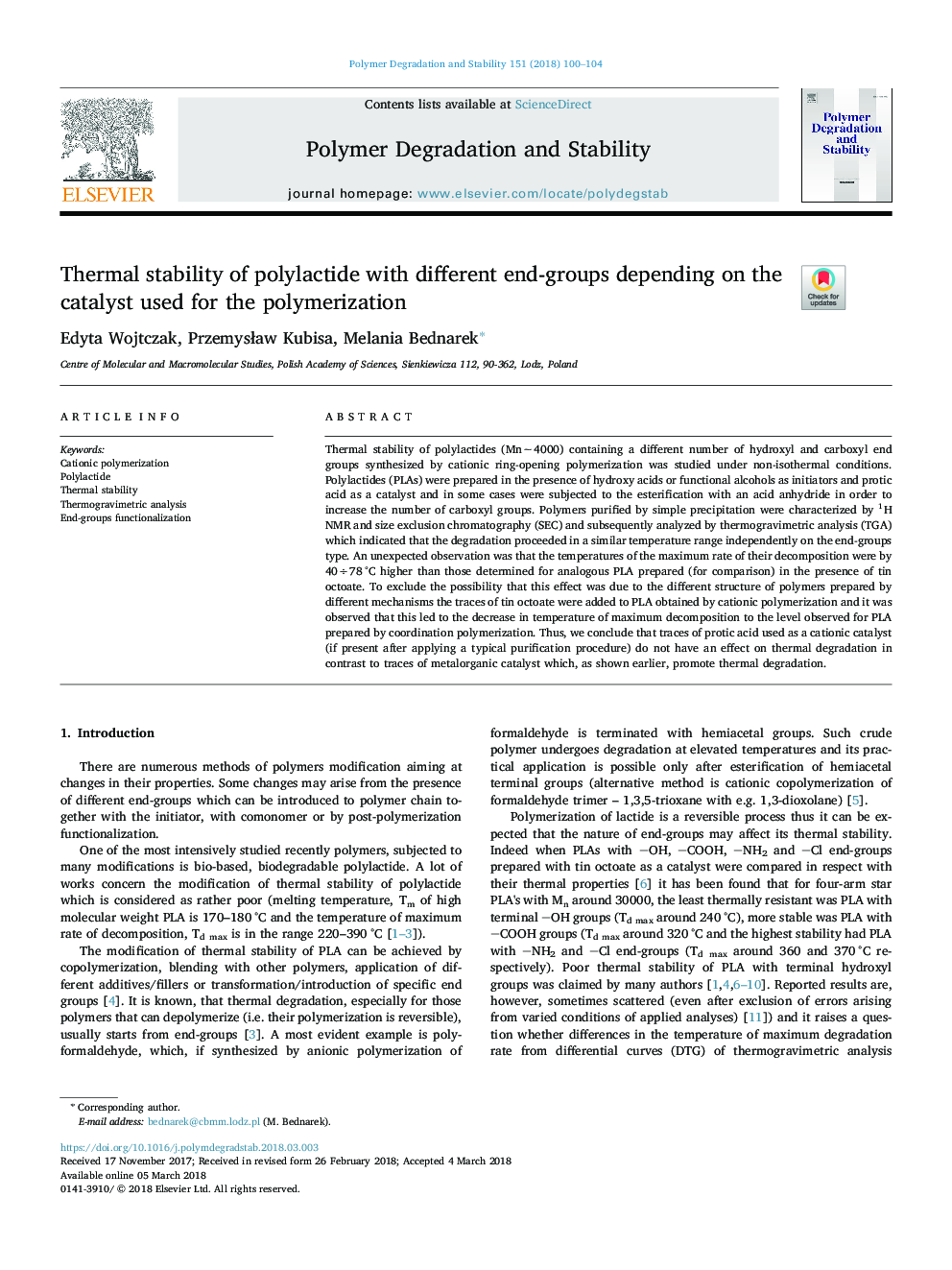 Thermal stability of polylactide with different end-groups depending on the catalyst used for the polymerization