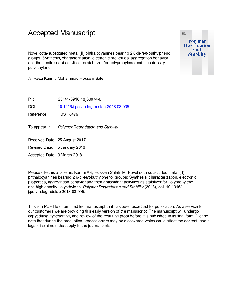 Novel octa-substituted metal (II) phthalocyanines bearing 2,6-di-tert-buthylphenol groups: Synthesis, characterization, electronic properties, aggregation behavior and their antioxidant activities as stabilizer for polypropylene and high density polyethyl