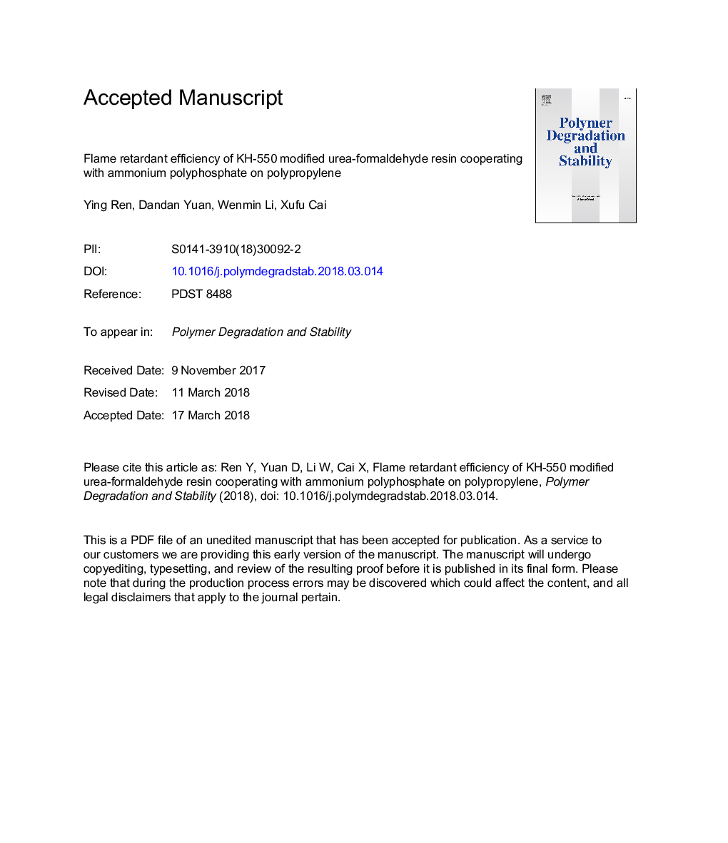 Flame retardant efficiency of KH-550 modified urea-formaldehyde resin cooperating with ammonium polyphosphate on polypropylene