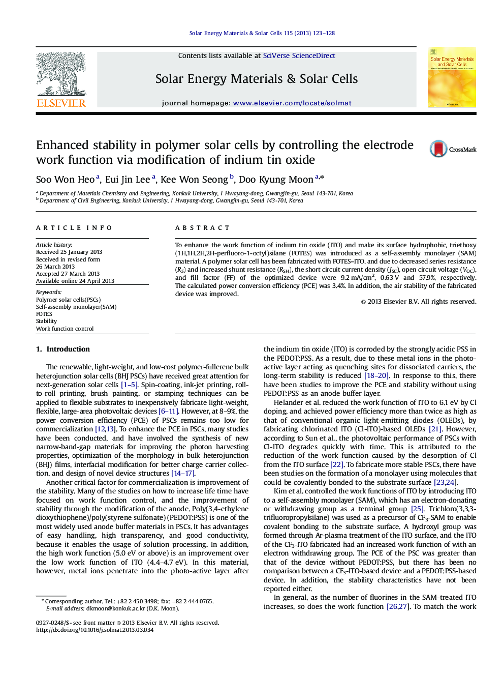 Enhanced stability in polymer solar cells by controlling the electrode work function via modification of indium tin oxide