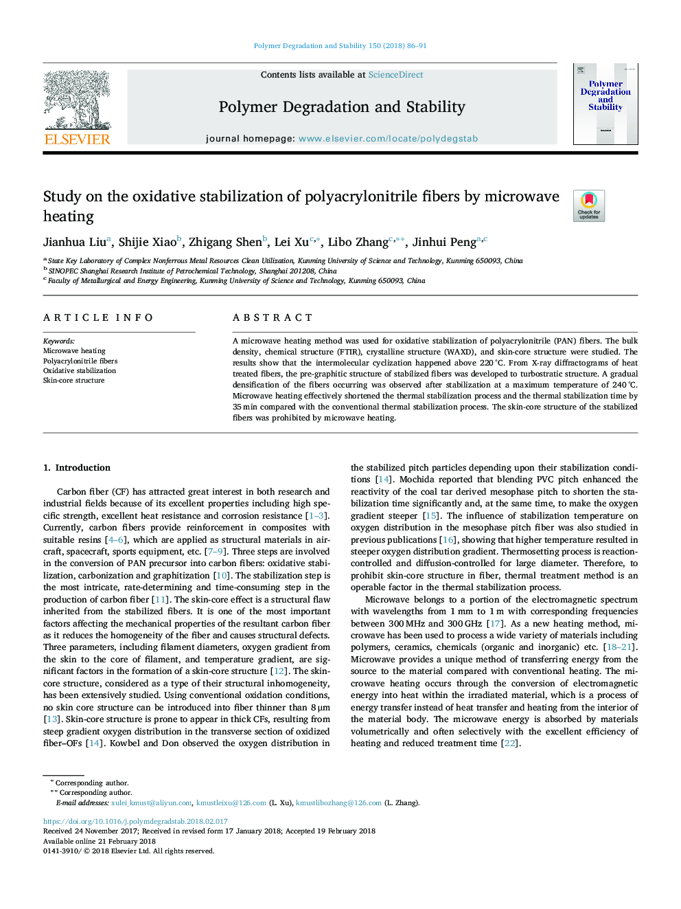 Study on the oxidative stabilization of polyacrylonitrile fibers by microwave heating