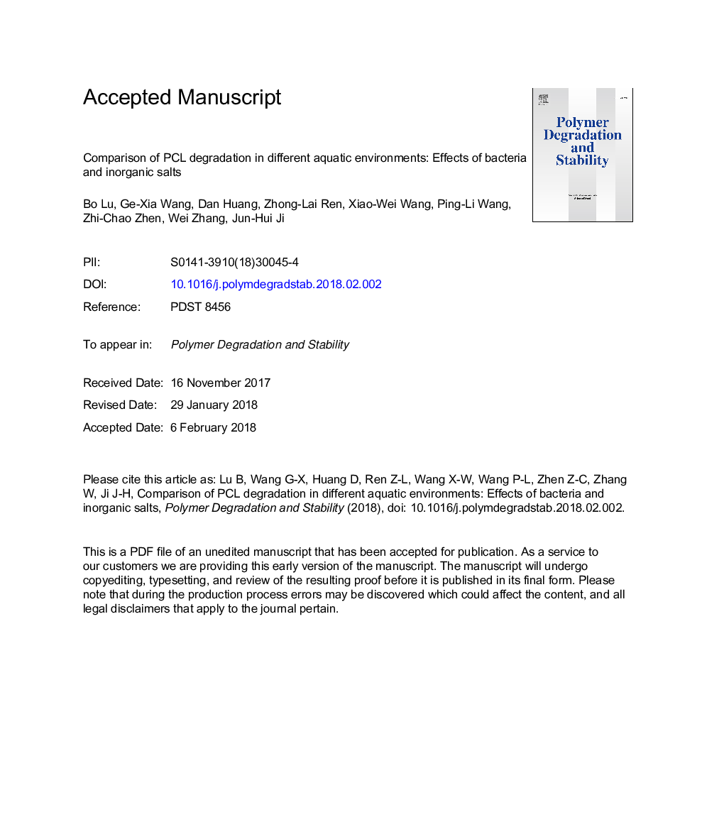 Comparison of PCL degradation in different aquatic environments: Effects of bacteria and inorganic salts