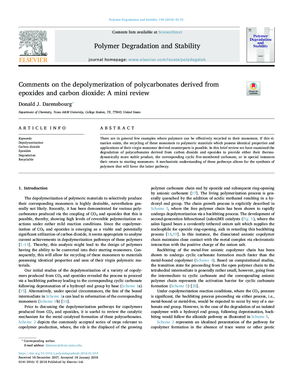 Comments on the depolymerization of polycarbonates derived from epoxides and carbon dioxide: A mini review