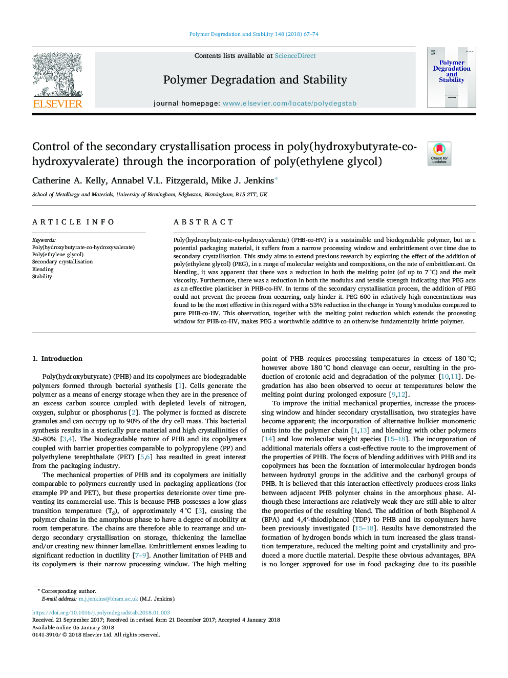 Control of the secondary crystallisation process in poly(hydroxybutyrate-co-hydroxyvalerate) through the incorporation of poly(ethylene glycol)