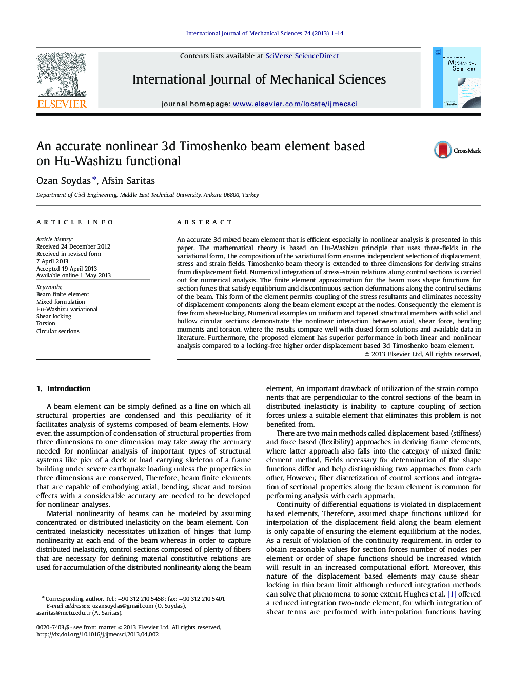 An accurate nonlinear 3d Timoshenko beam element based on Hu-Washizu functional