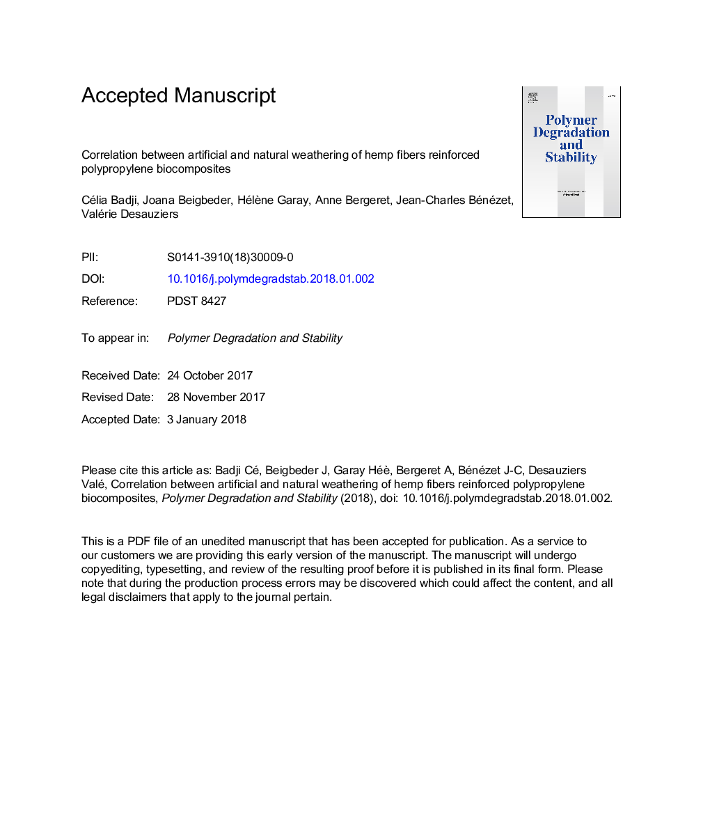 همبستگی بین فرسایش مصنوعی و طبیعی الیاف کنف شده با ترکیبات زیستی پلی پروپیلن تقویت شده است 