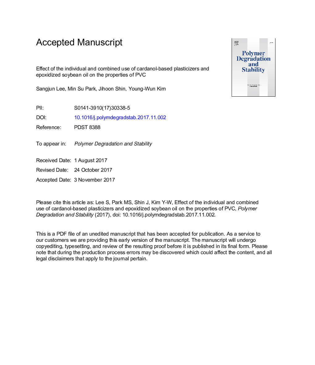 Effect of the individual and combined use of cardanol-based plasticizers and epoxidized soybean oil on the properties of PVC