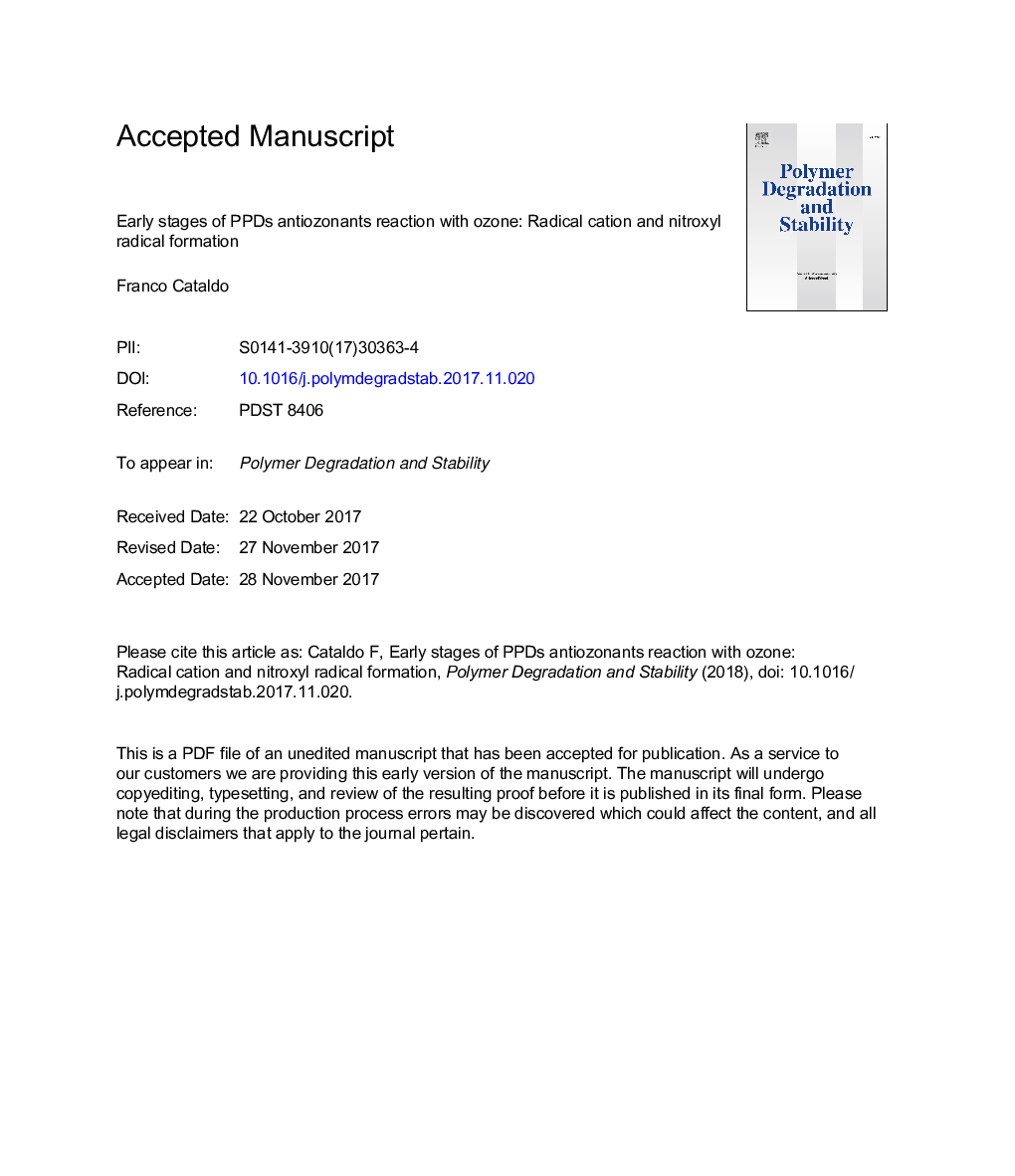 Early stages of p-phenylenediamine antiozonants reaction with ozone: Radical cation and nitroxyl radical formation