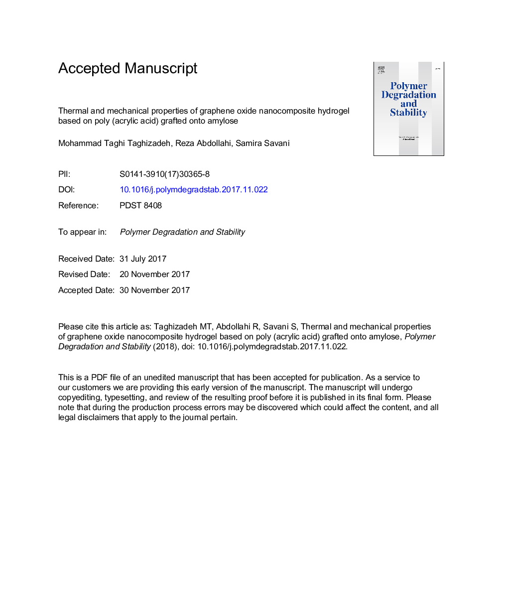 Thermal and mechanical properties of graphene oxide nanocomposite hydrogel based on poly (acrylic acid) grafted onto amylose