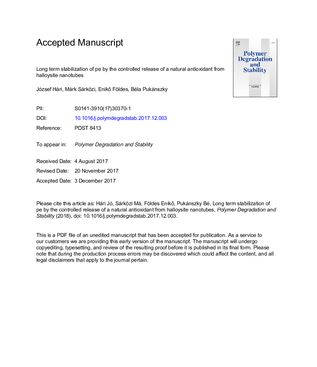 Long term stabilization of PE by the controlled release of a natural antioxidant from halloysite nanotubes