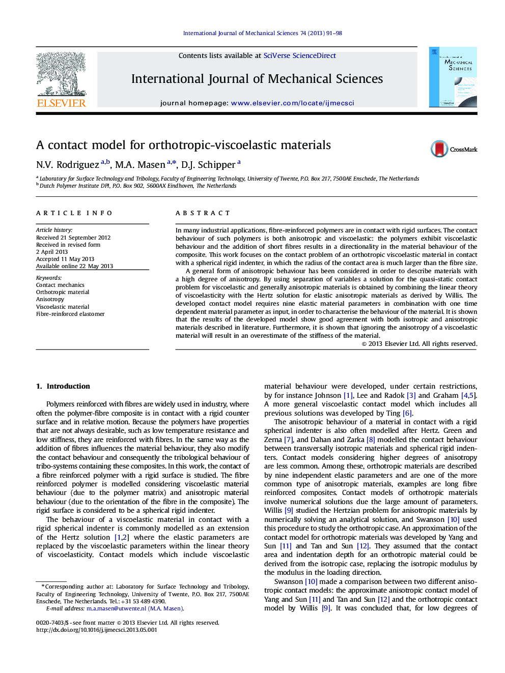 A contact model for orthotropic-viscoelastic materials