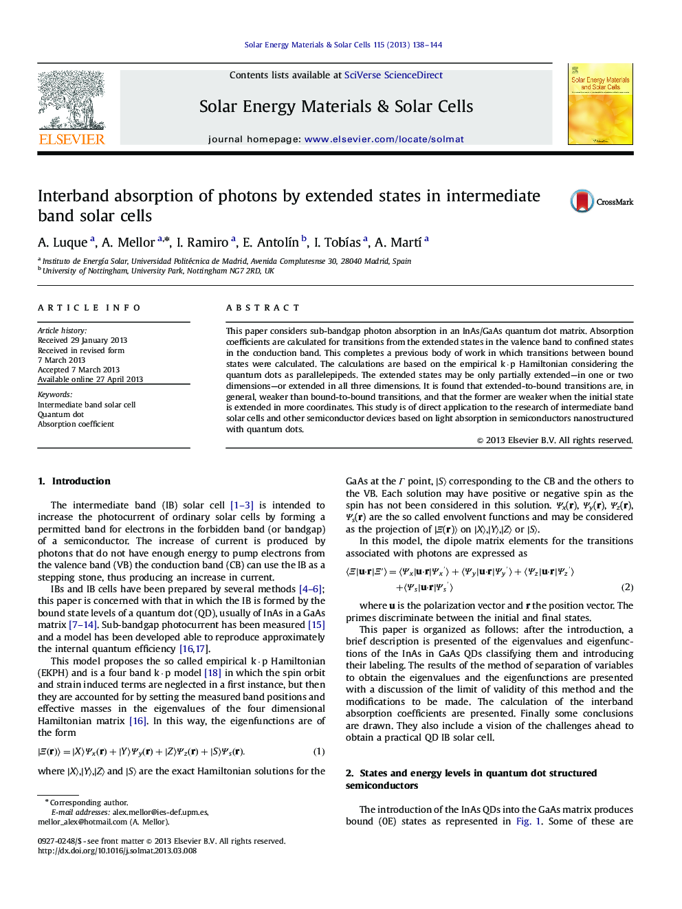 Interband absorption of photons by extended states in intermediate band solar cells