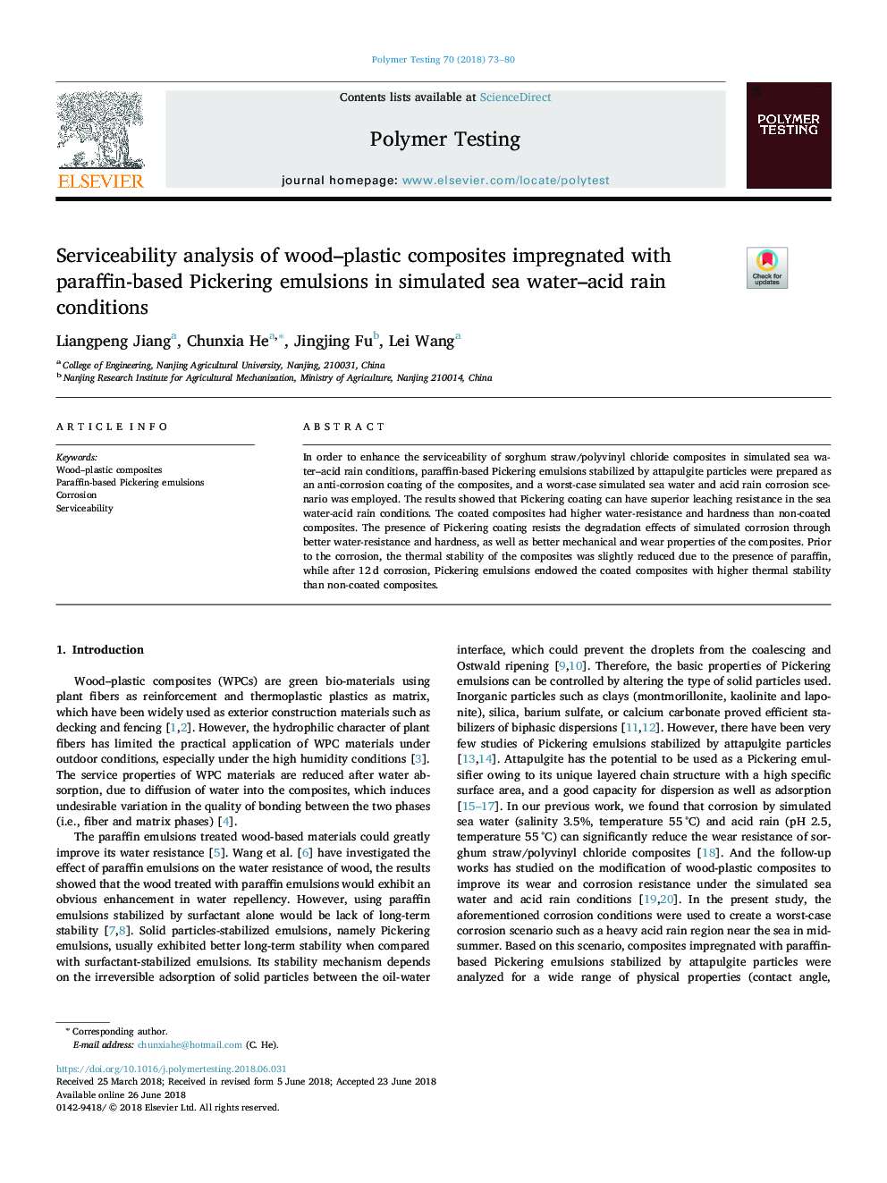 Serviceability analysis of wood-plastic composites impregnated with paraffin-based Pickering emulsions in simulated sea water-acid rain conditions