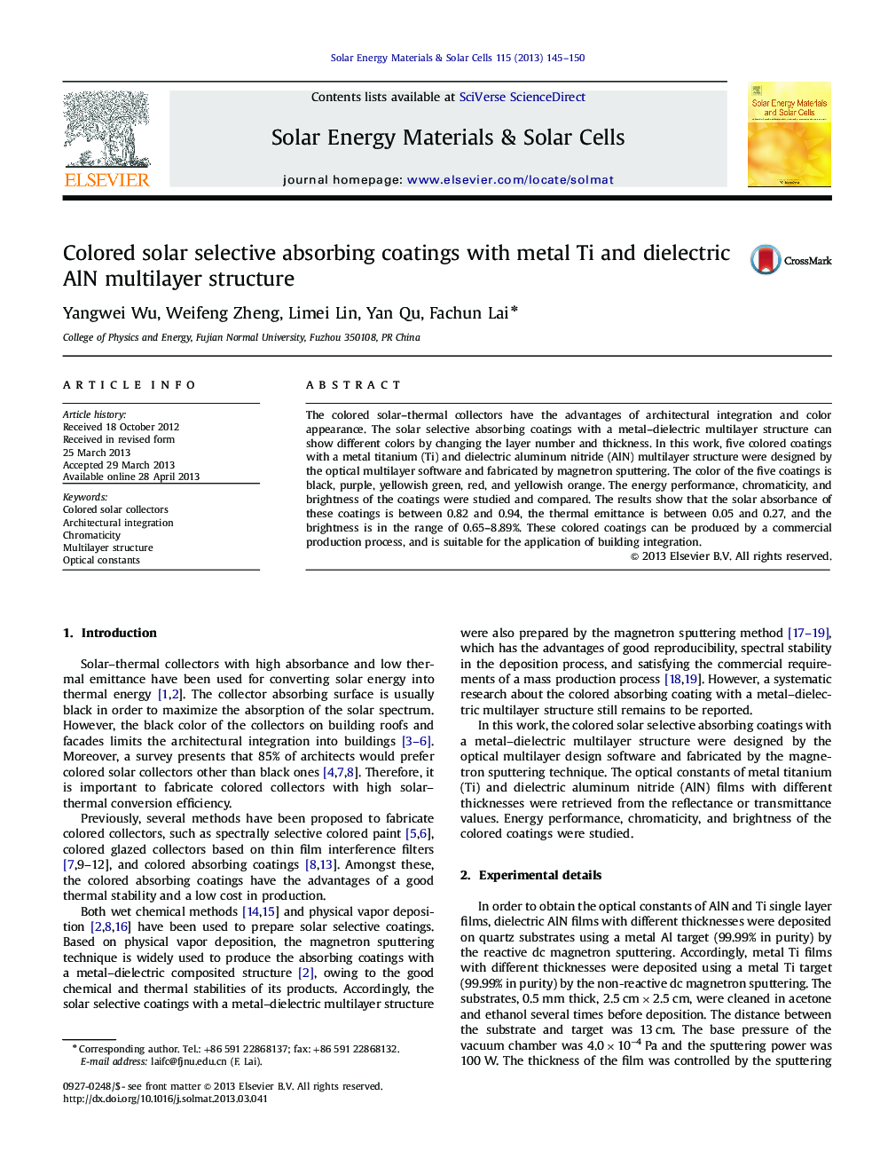 Colored solar selective absorbing coatings with metal Ti and dielectric AlN multilayer structure