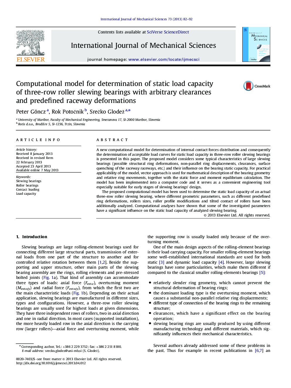 Computational model for determination of static load capacity of three-row roller slewing bearings with arbitrary clearances and predefined raceway deformations