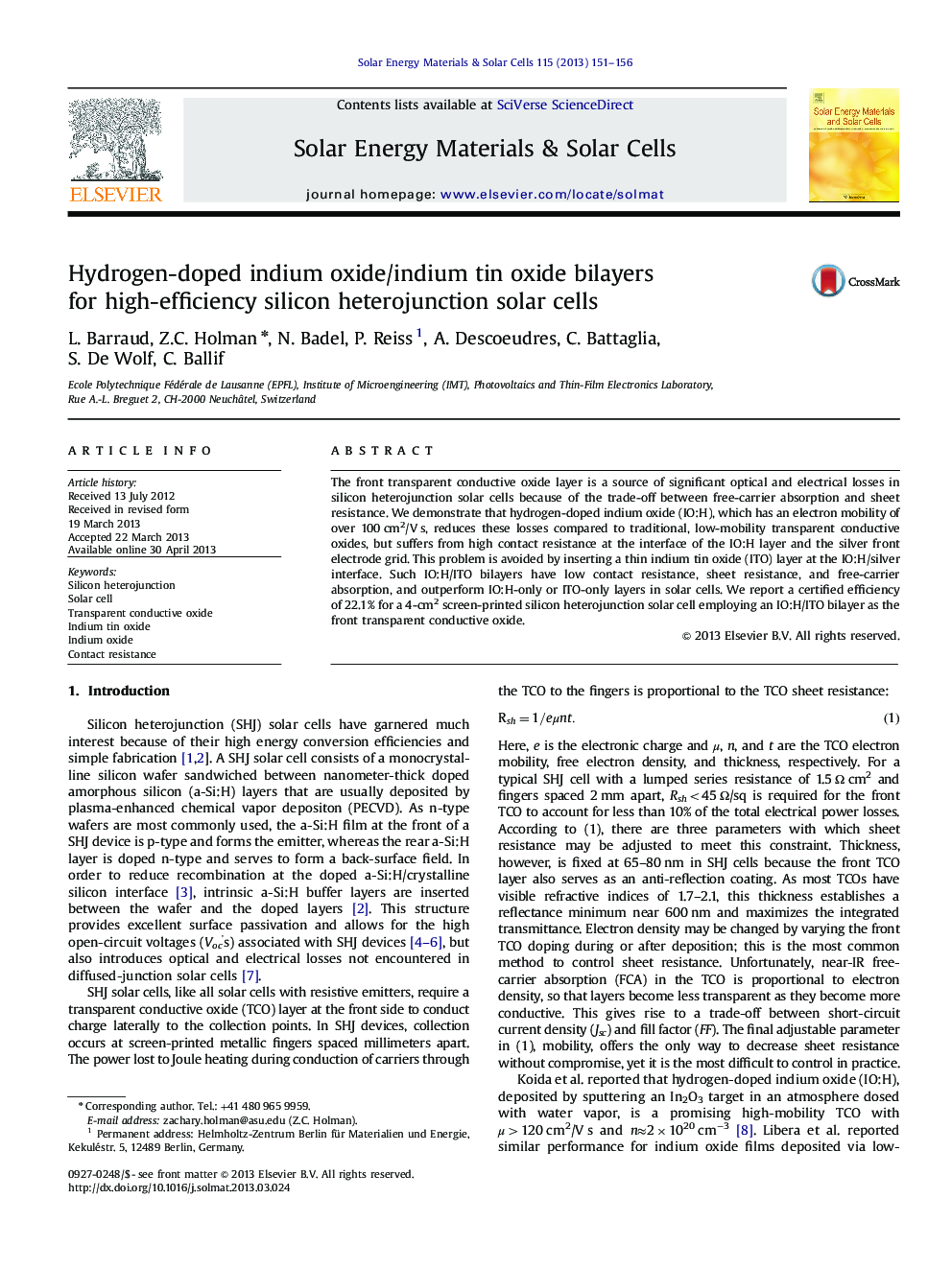 Hydrogen-doped indium oxide/indium tin oxide bilayers for high-efficiency silicon heterojunction solar cells