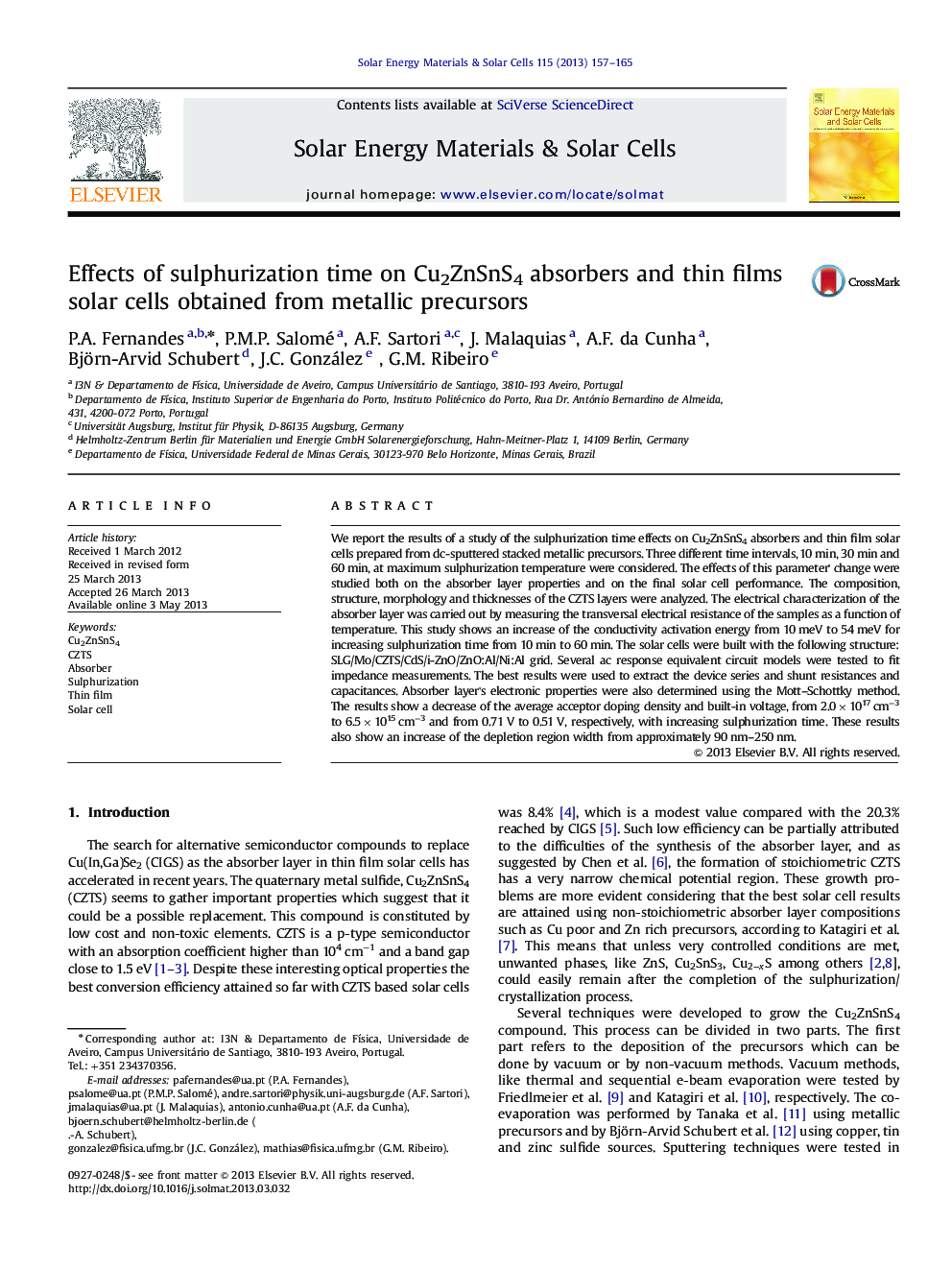 Effects of sulphurization time on Cu2ZnSnS4 absorbers and thin films solar cells obtained from metallic precursors