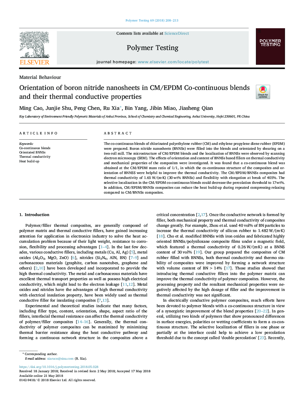 Orientation of boron nitride nanosheets in CM/EPDM Co-continuous blends and their thermal conductive properties