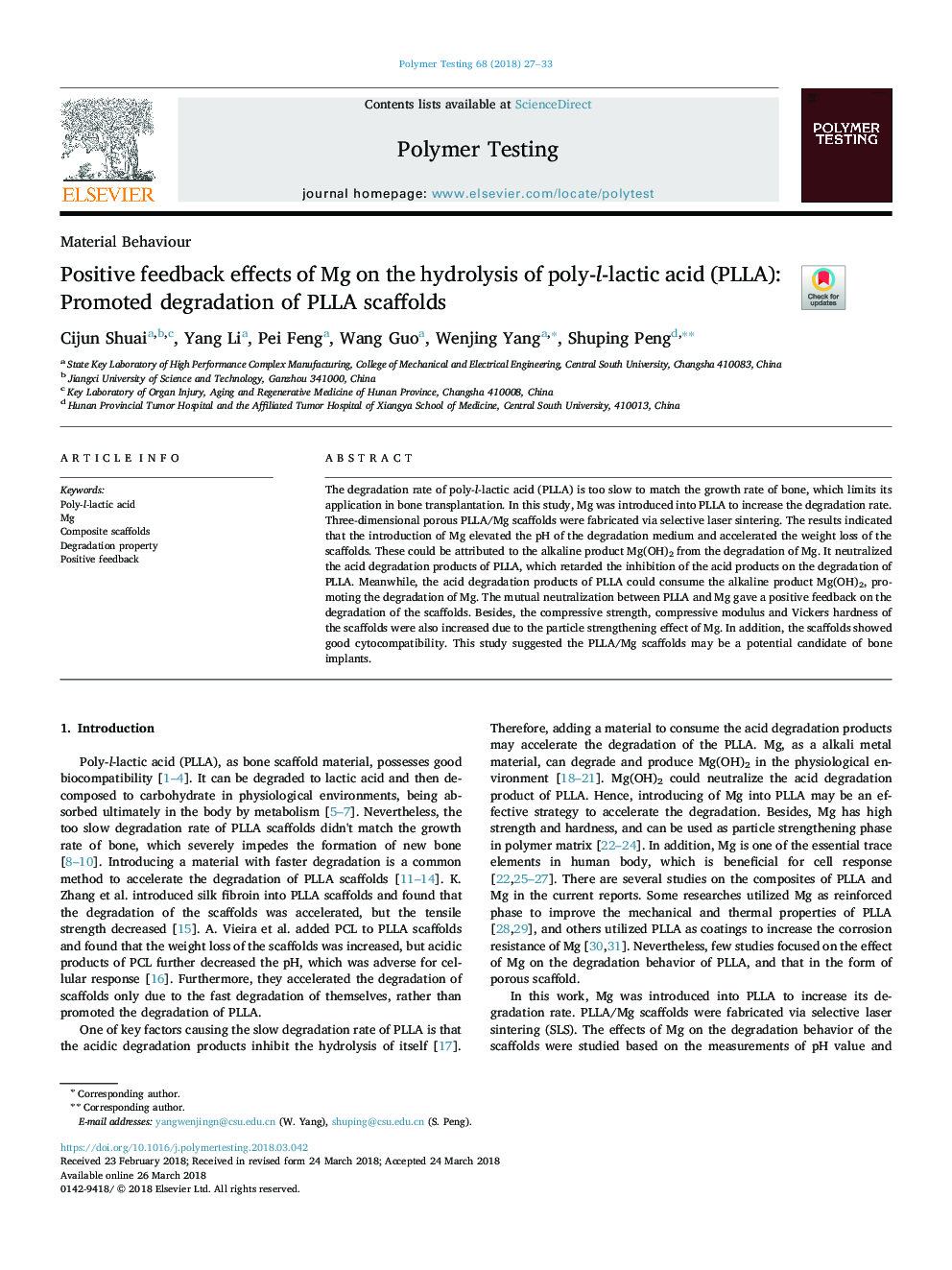 Positive feedback effects of Mg on the hydrolysis of poly-l-lactic acid (PLLA): Promoted degradation of PLLA scaffolds