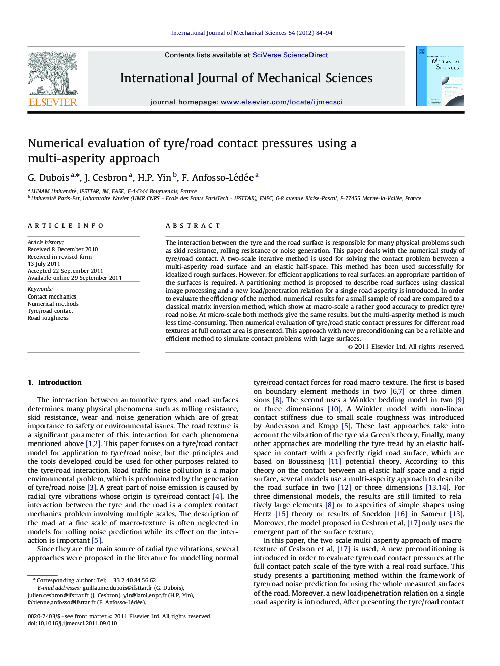 Numerical evaluation of tyre/road contact pressures using a multi-asperity approach