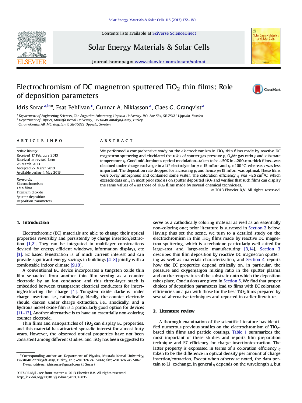 Electrochromism of DC magnetron sputtered TiO2 thin films: Role of deposition parameters