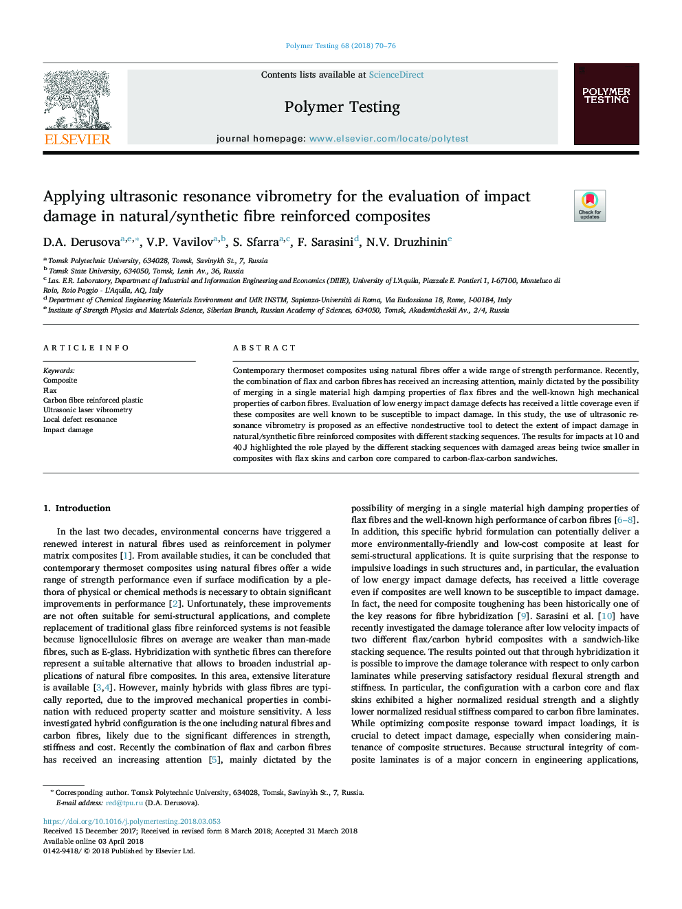 Applying ultrasonic resonance vibrometry for the evaluation of impact damage in natural/synthetic fibre reinforced composites