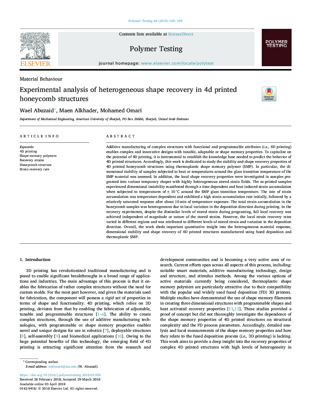 Experimental analysis of heterogeneous shape recovery in 4d printed honeycomb structures