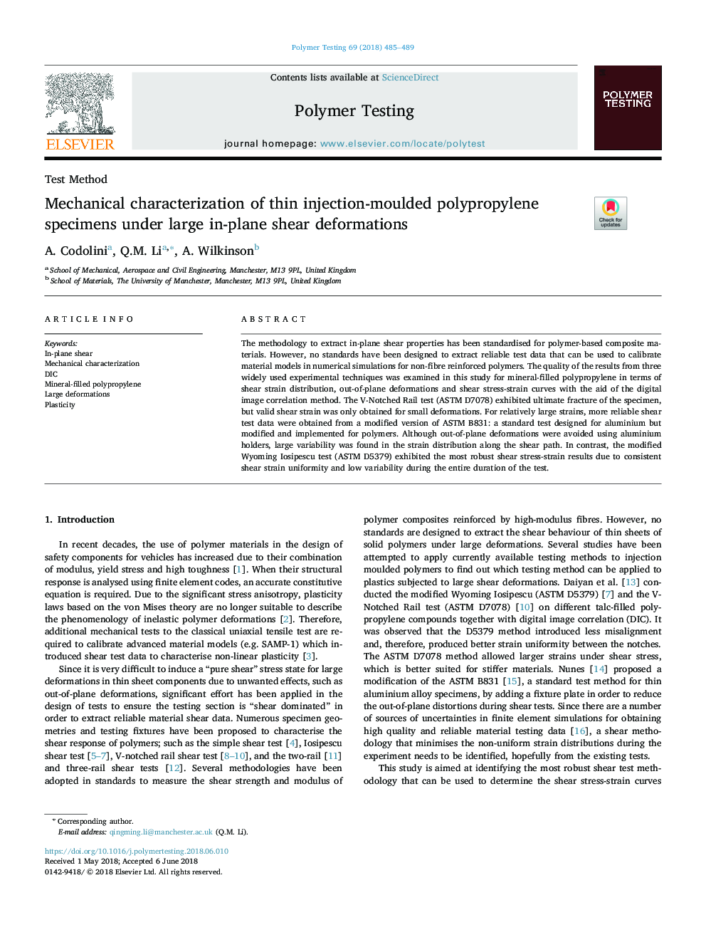 Mechanical characterization of thin injection-moulded polypropylene specimens under large in-plane shear deformations