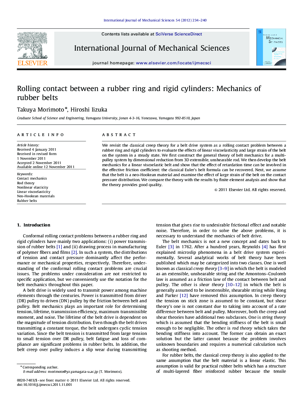 Rolling contact between a rubber ring and rigid cylinders: Mechanics of rubber belts