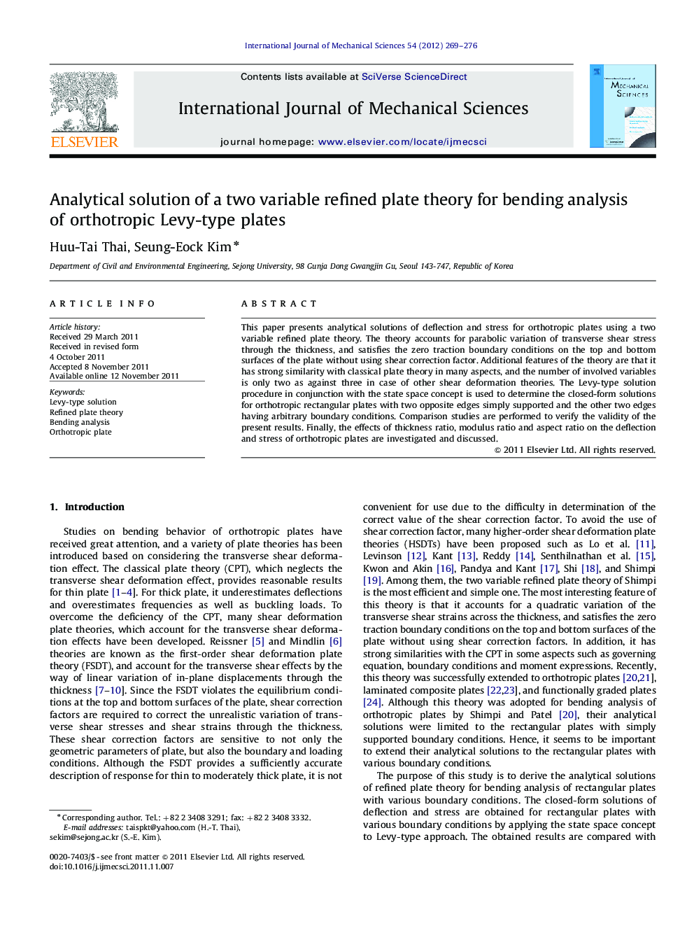 Analytical solution of a two variable refined plate theory for bending analysis of orthotropic Levy-type plates