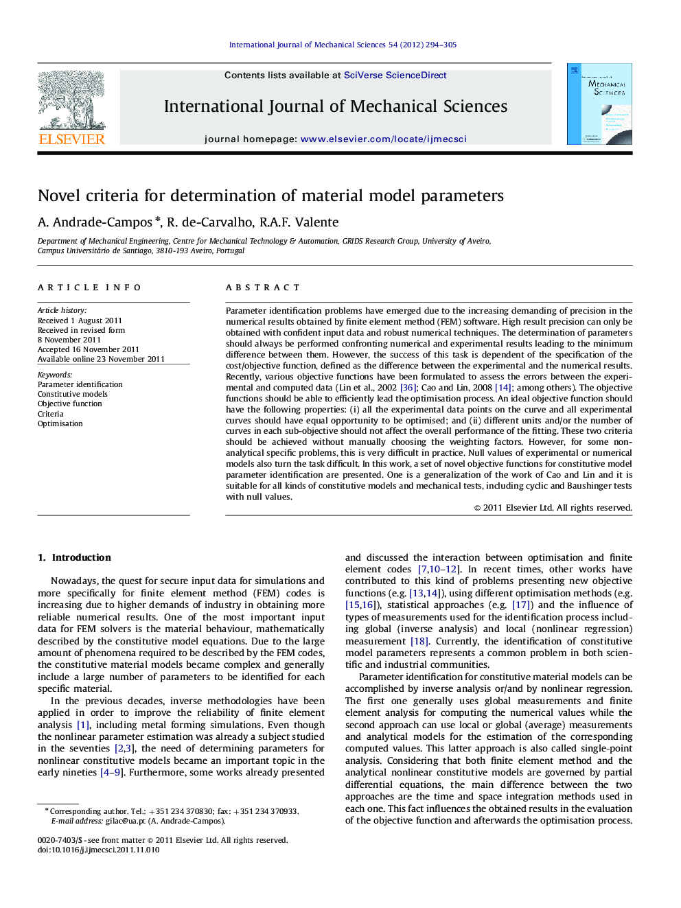 Novel criteria for determination of material model parameters