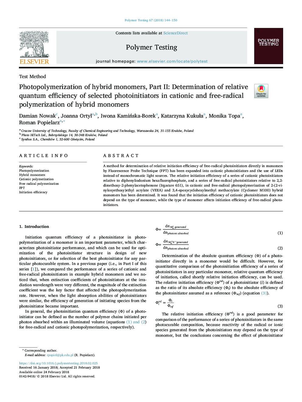 Photopolymerization of hybrid monomers, Part II: Determination of relative quantum efficiency of selected photoinitiators in cationic and free-radical polymerization of hybrid monomers