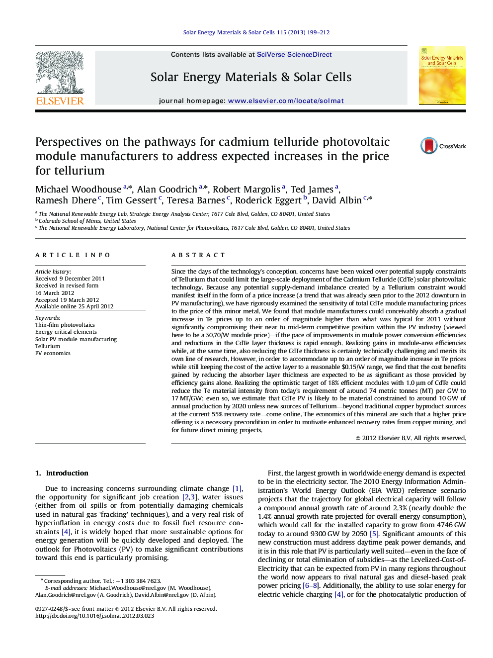 Perspectives on the pathways for cadmium telluride photovoltaic module manufacturers to address expected increases in the price for tellurium
