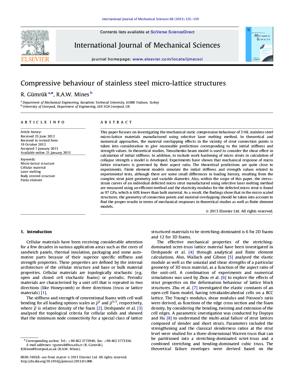 Compressive behaviour of stainless steel micro-lattice structures