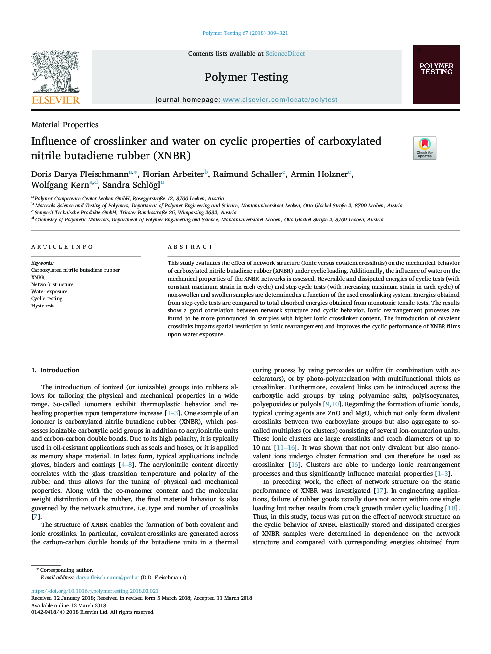 Influence of crosslinker and water on cyclic properties of carboxylated nitrile butadiene rubber (XNBR)