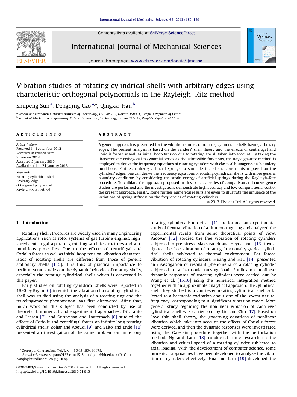 Vibration studies of rotating cylindrical shells with arbitrary edges using characteristic orthogonal polynomials in the Rayleigh–Ritz method