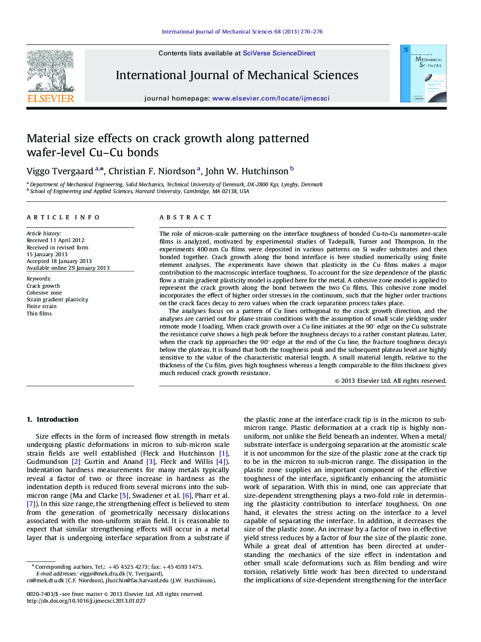 Material size effects on crack growth along patterned wafer-level Cu–Cu bonds